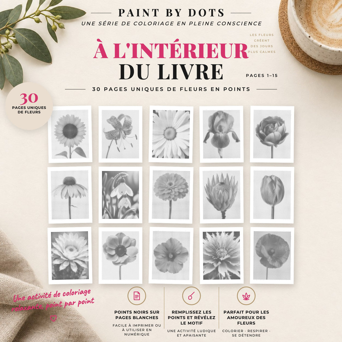 Aperçu des motifs Fleurs de peinture par points à imprimer, pages 1 à 15