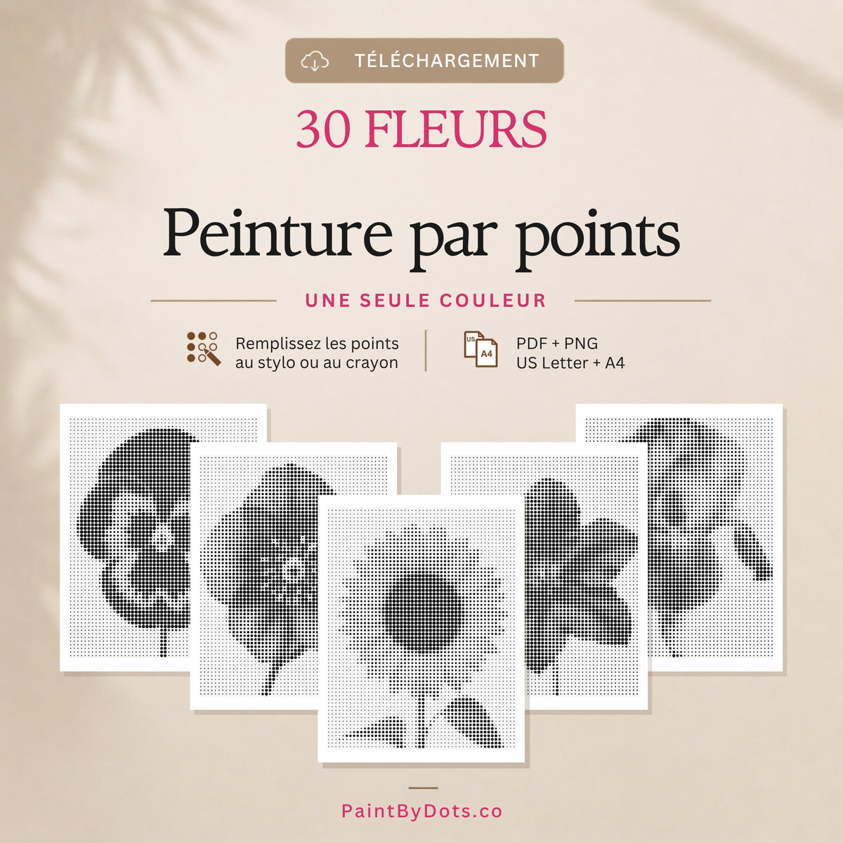 Fleurs en téléchargement numérique avec 30 pages de peinture par points à imprimer (dot painting)