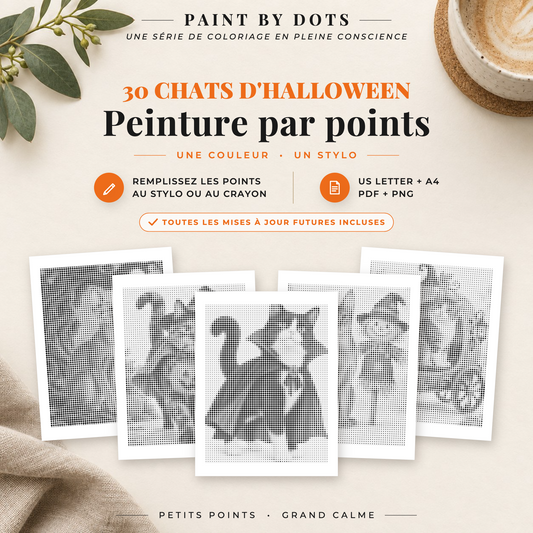 Couverture du livre de peinture par points avec des chats d’Halloween, 30 modèles à imprimer