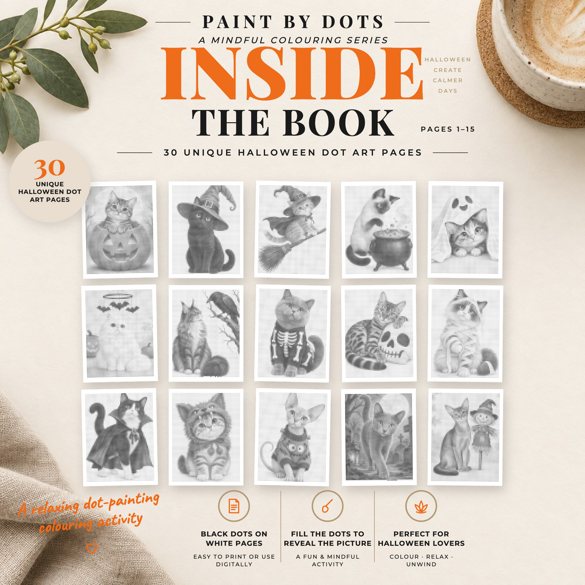 Livre de peinture par points avec des chats d’Halloween | 30 modèles de chats à imprimer Téléchargement numérique