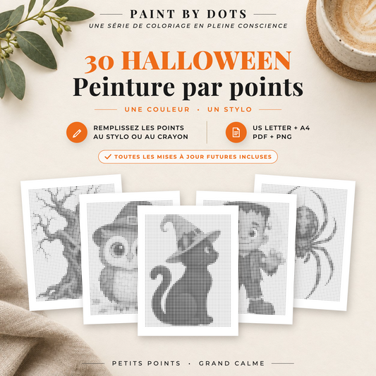 Couverture du livre de peinture par points Halloween, 30 modèles à imprimer en PDF et PNG, A4 et US Letter