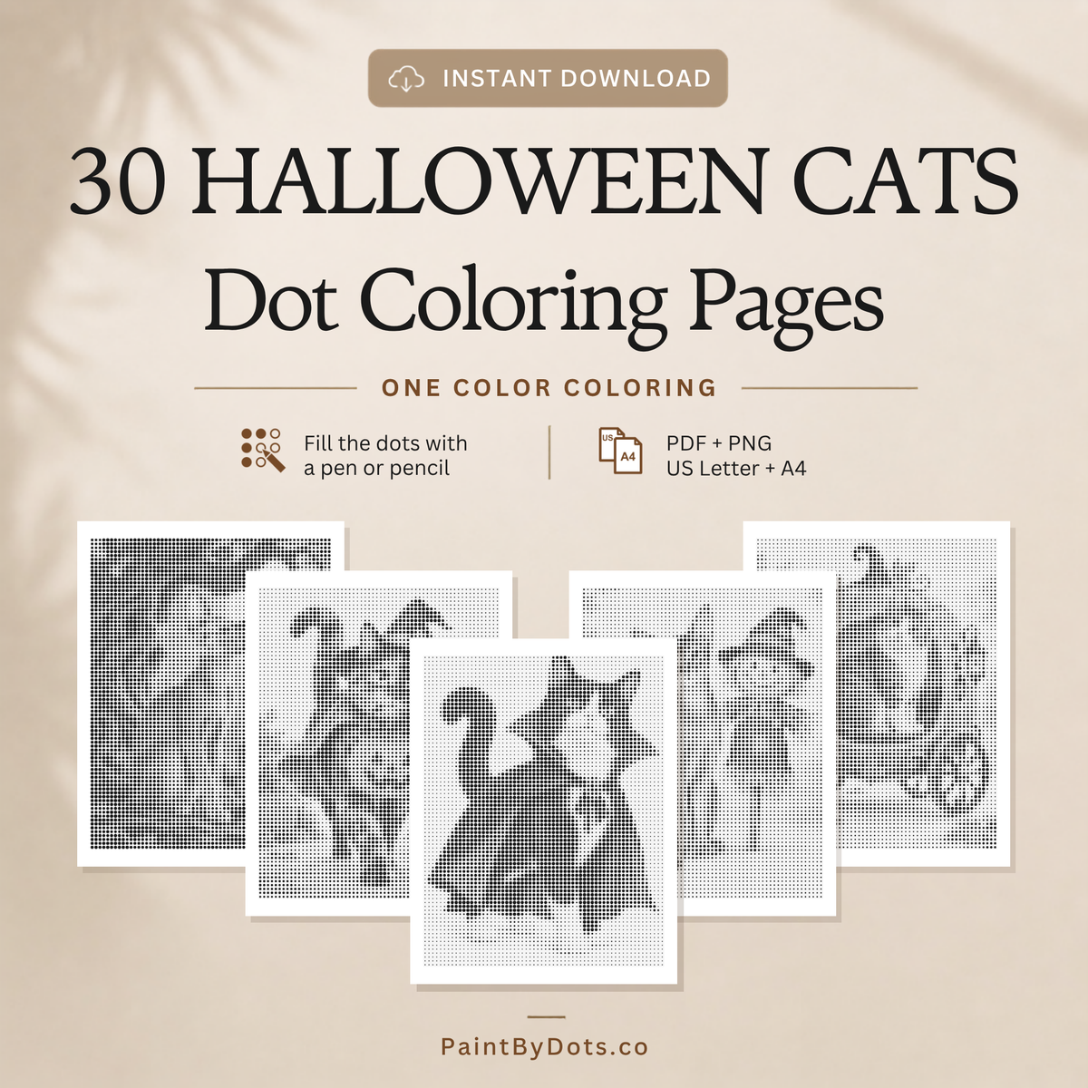 Livre de peinture par points avec des chats d’Halloween | 30 modèles de chats à imprimer Téléchargement numérique