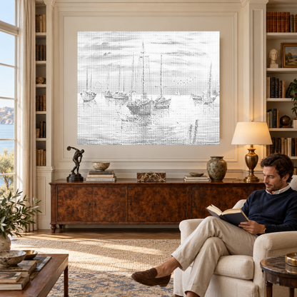 Le port des rêves en peinture par points dans une bibliothèque luxueuse aux murs moulurés, avec un homme assis à proximité lisant un livre.