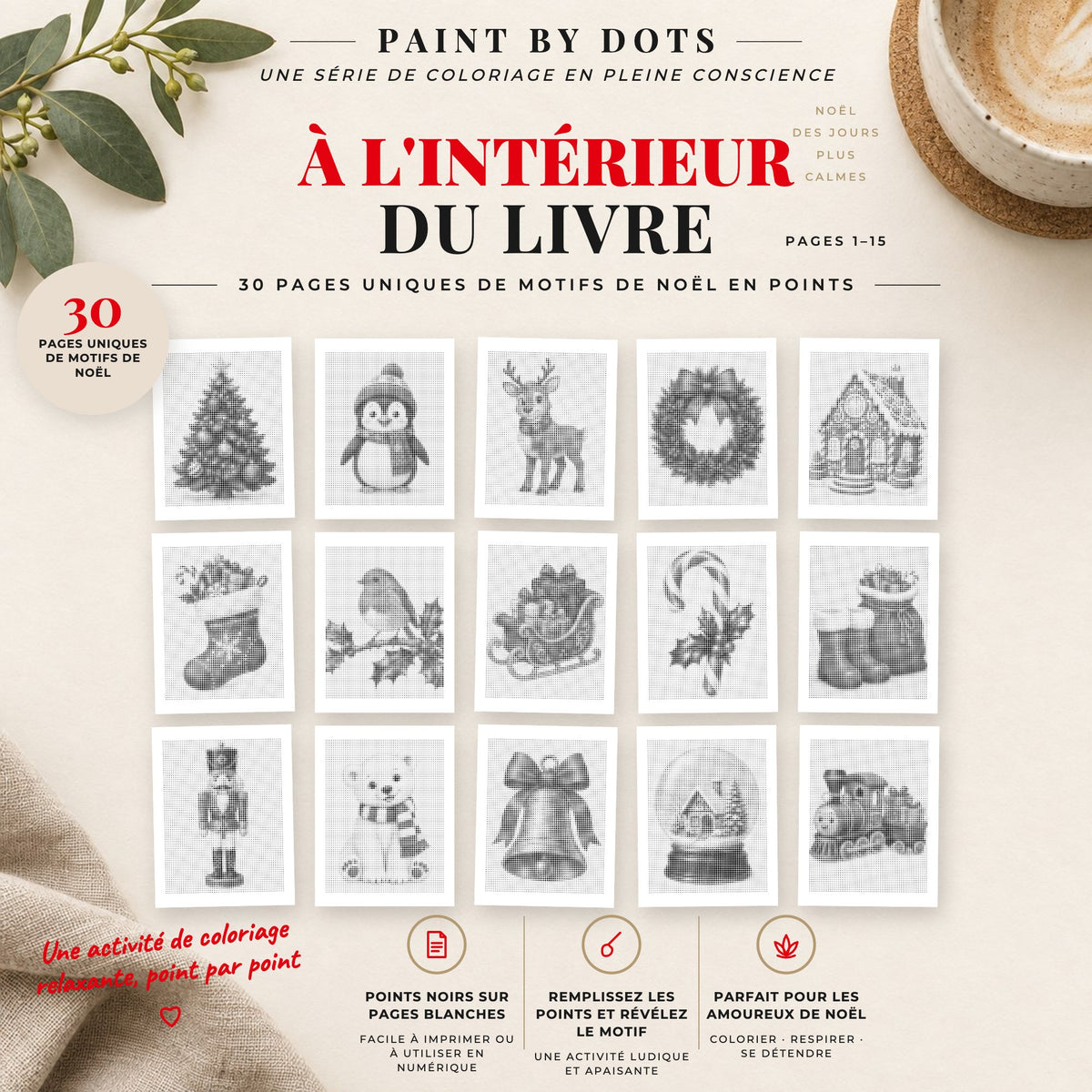 Aperçu des motifs Noël facile de peinture par points à imprimer, pages 1 à 15