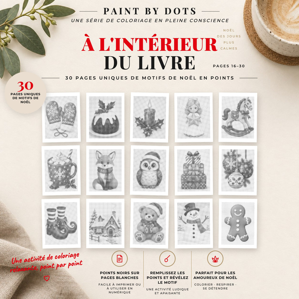 Aperçu des motifs Noël facile de peinture par points à imprimer, pages 16 à 30