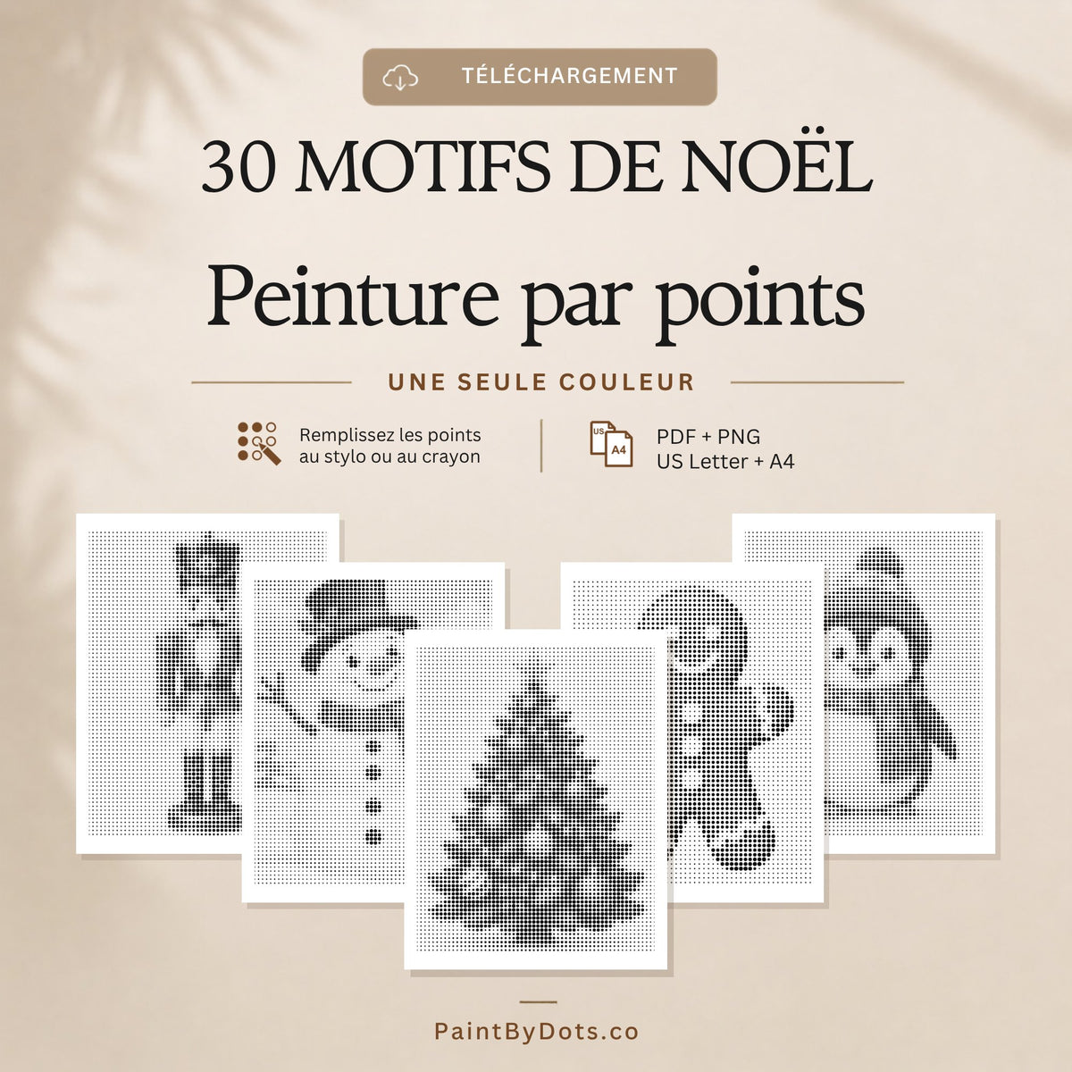 Noël facile en téléchargement numérique avec 30 pages de peinture par points à imprimer (dot painting)
