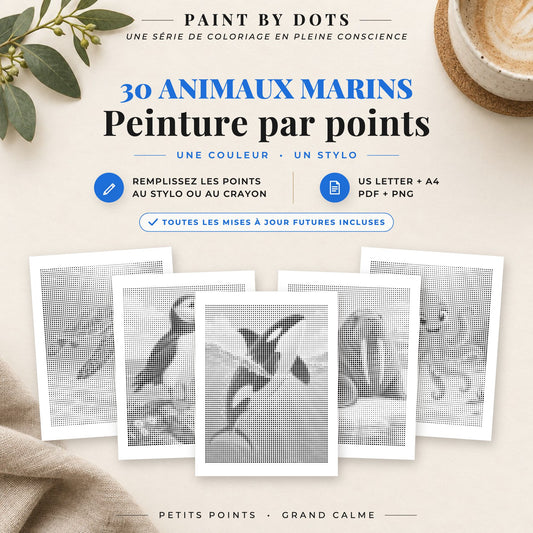 Couverture du livre Animaux marins de peinture par points avec 30 motifs d'animaux marins à imprimer