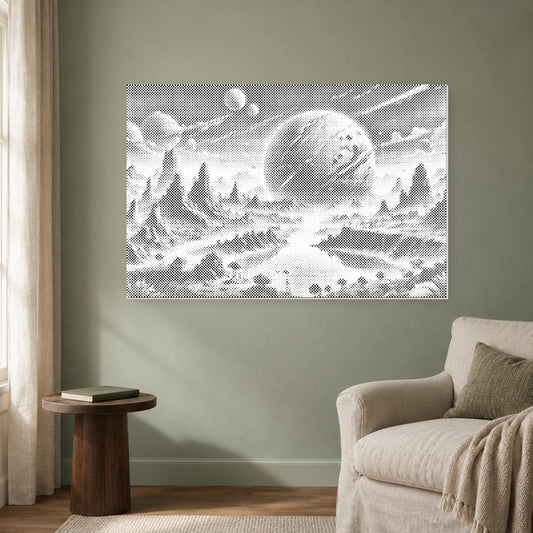 Toile de peinture par points représentant une planète abstraite sur un mur vert sauge, près d’un fauteuil en lin éclairé par la fenêtre.