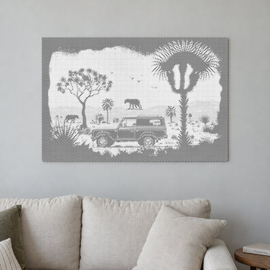 Toile de peinture par points “Aventure en pleine nature”, sur un mur clair dans une pièce baignée d’une lumière douce.