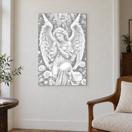 Toile de peinture par points “Ange aux roses délicates”, sur un mur ivoire près d’un fauteuil en bois.