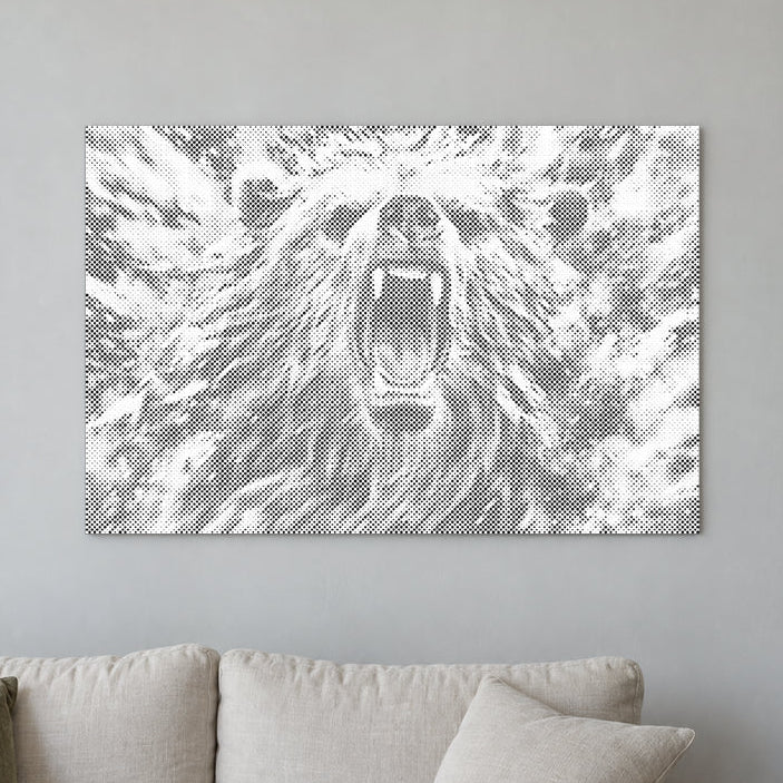 Toile de peinture par points “Ours en colère”, sur un mur clair dans une pièce baignée d’une lumière douce.