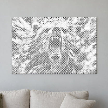 Toile de peinture par points “Ours en colère”, sur un mur clair dans une pièce baignée d’une lumière douce.