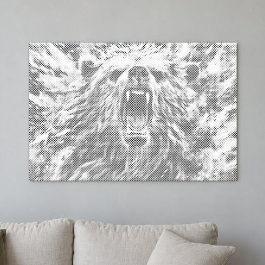 Toile de peinture par points “Ours en colère”, sur un mur clair dans une pièce baignée d’une lumière douce.