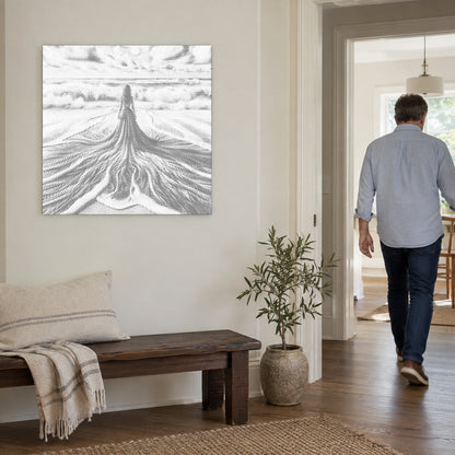 Toile de peinture par points “Entre ciel et mer”, sur un mur clair, avec une personne passant par la porte voisine.