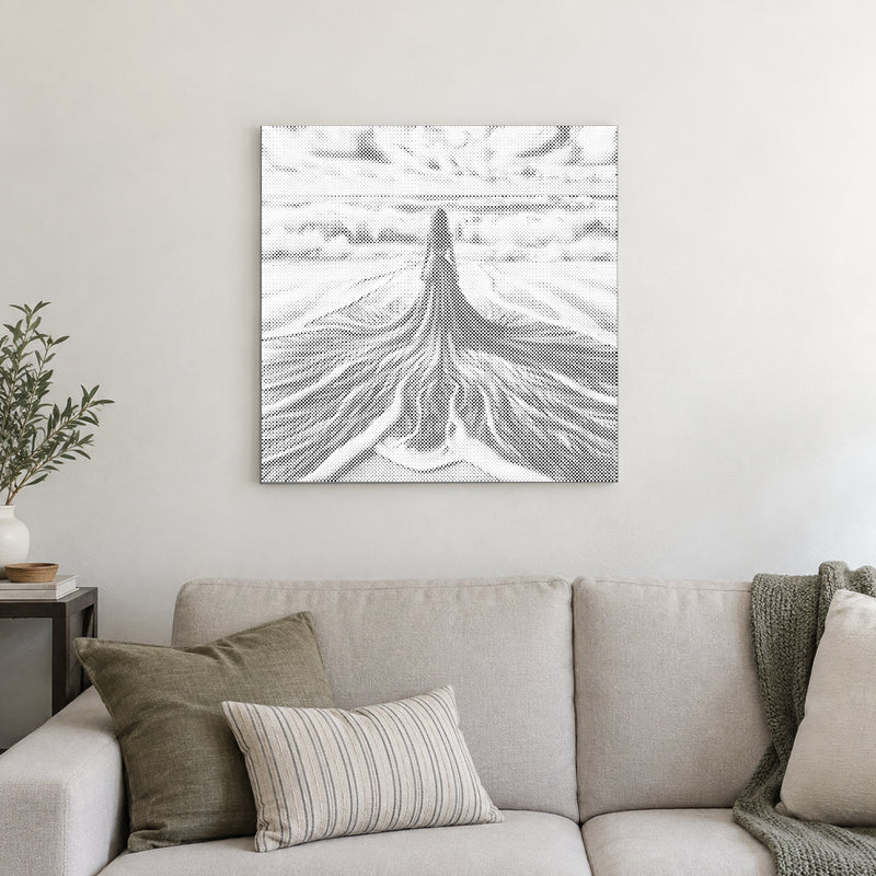 Toile de peinture par points “Entre ciel et mer”, sur un mur clair dans une pièce baignée d’une lumière douce.