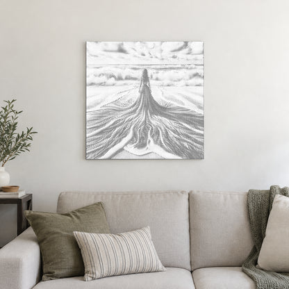 Toile de peinture par points “Entre ciel et mer”, sur un mur clair dans une pièce baignée d’une lumière douce.