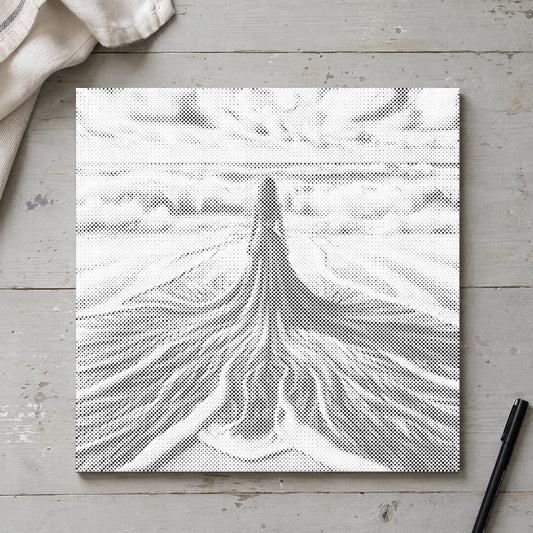 Toile de peinture par points “Entre ciel et mer”, vue du dessus sur une table de travail à la lumière douce du jour.