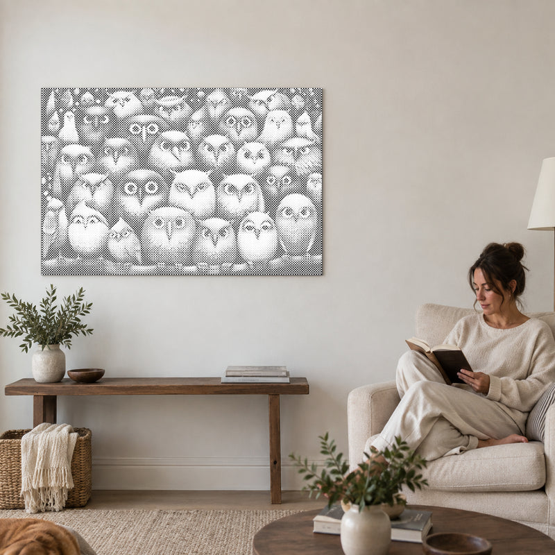 Toile de peinture par points “Oiseaux, oiseaux, oiseaux”, sur le mur d’un salon, avec une personne lisant dans un fauteuil à côté.