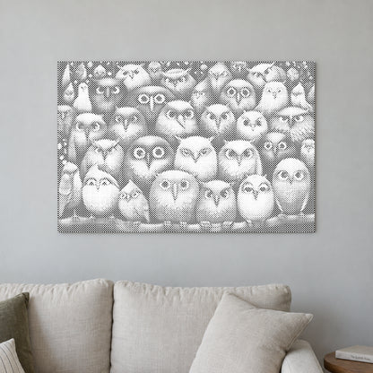 Toile de peinture par points “Oiseaux, oiseaux, oiseaux”, sur un mur clair dans une pièce baignée d’une lumière douce.