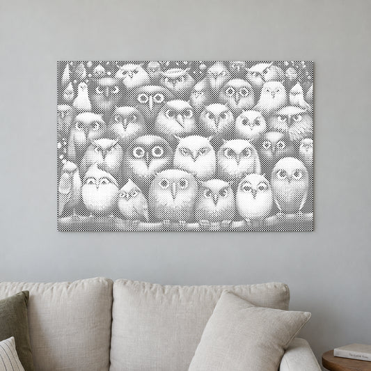 Toile de peinture par points “Oiseaux, oiseaux, oiseaux”, sur un mur clair dans une pièce baignée d’une lumière douce.