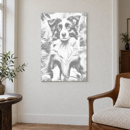 Toile de peinture par points “Chiot border collie”, sur un mur clair dans une pièce baignée d’une lumière douce.