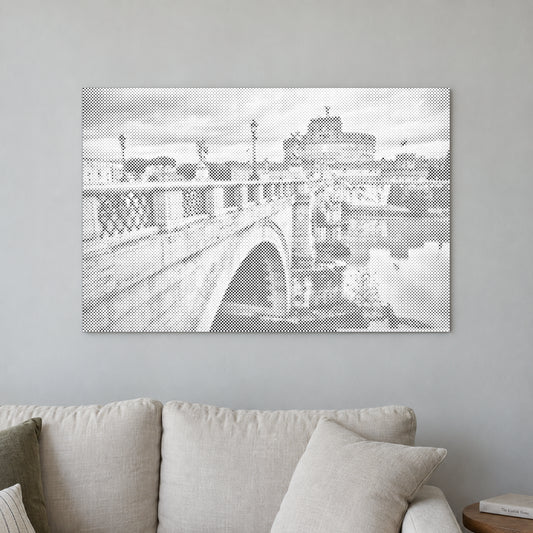 Toile de peinture par points “Château Saint-Ange à Rome”, sur un mur clair dans une pièce baignée d’une lumière douce.