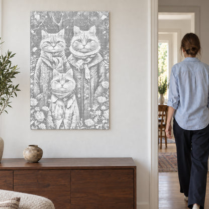 Toile de peinture par points “Famille de chats”, sur un mur clair, avec une personne passant par la porte voisine.