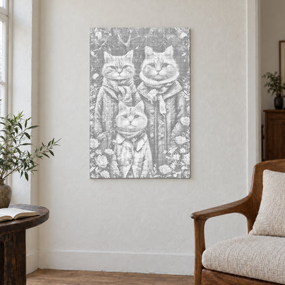 Toile de peinture par points “Famille de chats”, sur un mur clair dans une pièce baignée d’une lumière douce.