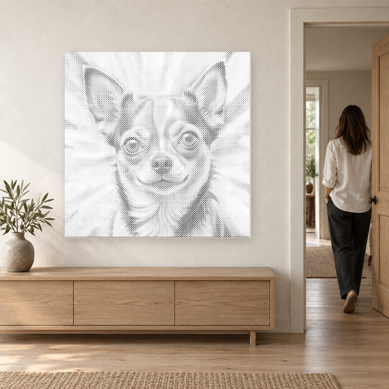 Toile de peinture par points représentant un chihuahua au-dessus d’une console en chêne, avec une personne quittant la pièce.