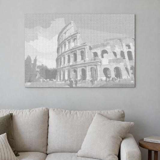 Toile de peinture par points “Colisée de Rome”, sur un mur clair dans une pièce baignée d’une lumière douce.