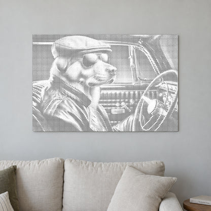 Toile de peinture par points “Chien cool”, sur un mur clair dans une pièce baignée d’une lumière douce.