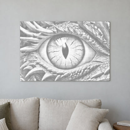 Toile de peinture par points “Œil de dragon”, sur un mur clair dans une pièce baignée d’une lumière douce.