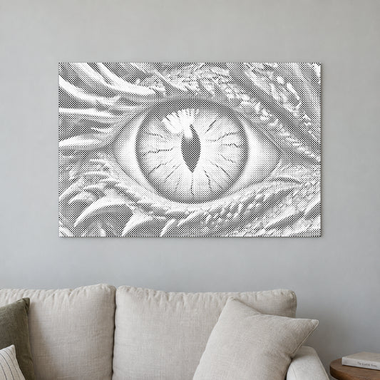 Toile de peinture par points “Œil de dragon”, sur un mur clair dans une pièce baignée d’une lumière douce.