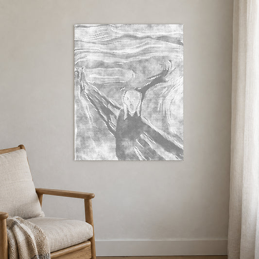 Toile de peinture par points “Le Cri d’Edvard Munch”, sur un mur clair dans une pièce baignée d’une lumière douce.