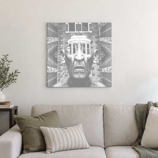 Toile de peinture par points “Homme impressionnant”, sur un mur clair dans une pièce baignée d’une lumière douce.