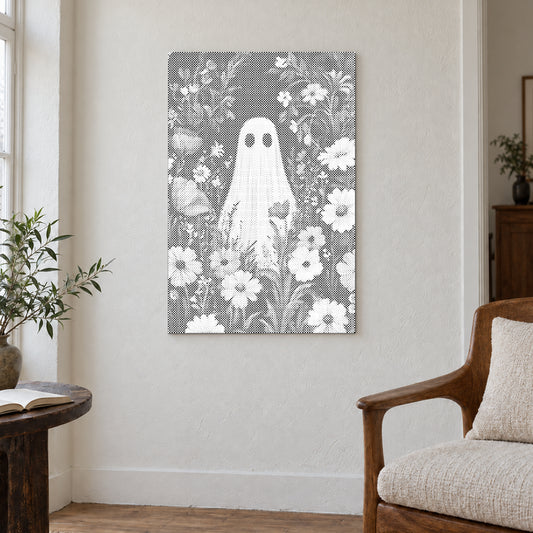 Toile de peinture par points “Fantôme dans un champ de fleurs”, sur un mur clair dans une pièce baignée d’une lumière douce.
