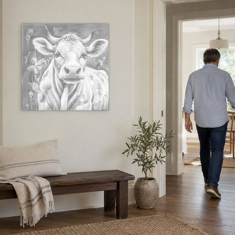 Toile de peinture par points “Vache joyeuse”, sur un mur clair, avec une personne passant par la porte voisine.