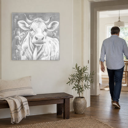Toile de peinture par points “Vache joyeuse”, sur un mur clair, avec une personne passant par la porte voisine.