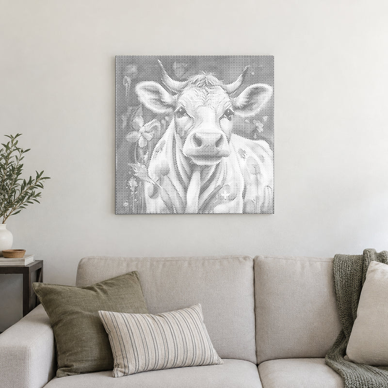 Toile de peinture par points “Vache joyeuse”, sur un mur clair dans une pièce baignée d’une lumière douce.