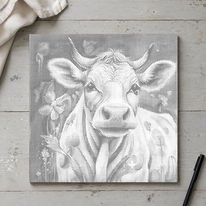 Toile de peinture par points “Vache joyeuse”, vue du dessus sur une table de travail à la lumière douce du jour.