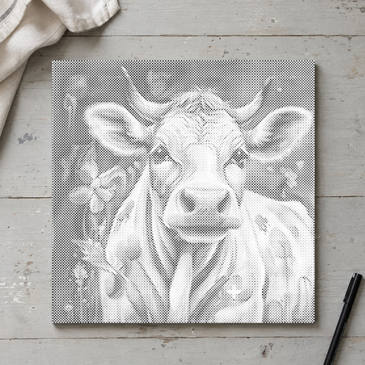 Toile de peinture par points “Vache joyeuse”, vue du dessus sur une table de travail à la lumière douce du jour.