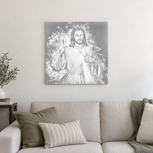 Toile de peinture par points “Jésus : la suite”, sur un mur clair dans une pièce baignée d’une lumière douce.