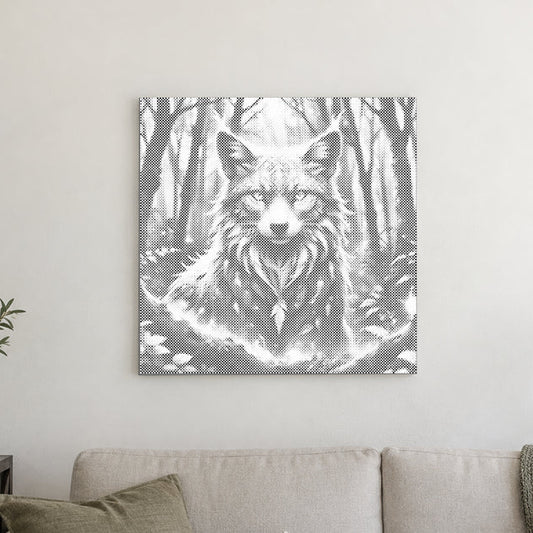 Toile de peinture par points “Renard magique”, sur un mur clair dans une pièce baignée d’une lumière douce.