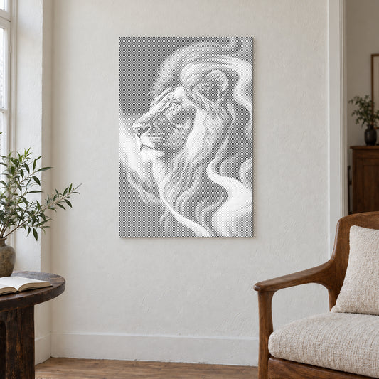 Toile de peinture par points “Lion majestueux”, sur un mur clair dans une pièce baignée d’une lumière douce.