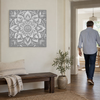 Toile de peinture par points “Mandala moderne”, sur un mur clair, avec une personne passant par la porte voisine.
