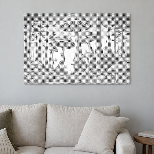 Toile de peinture par points “Champignons”, sur un mur clair dans une pièce baignée d’une lumière douce.