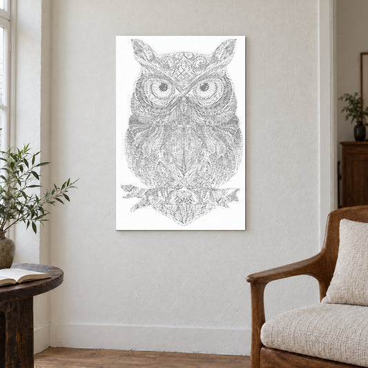 Toile de peinture par points “Mandala hibou”, sur un mur clair dans une pièce baignée d’une lumière douce.