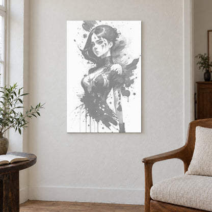 Toile de peinture par points “Femme provocante”, sur un mur clair dans une pièce baignée d’une lumière douce.