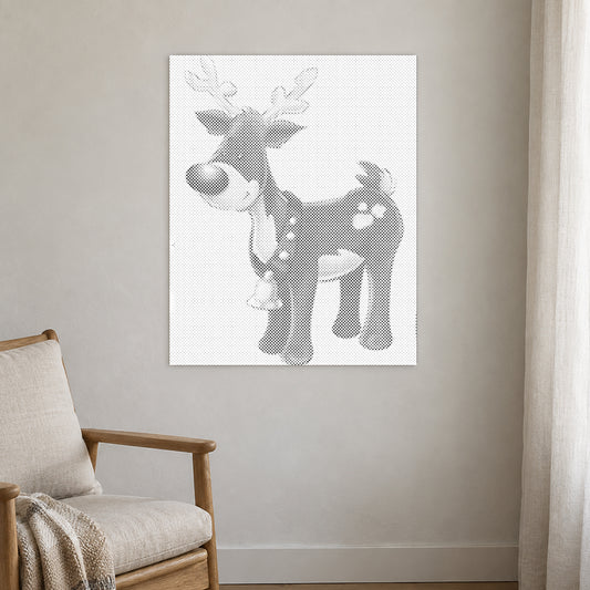 Toile de peinture par points “Rudolph le renne au nez rouge”, sur un mur clair dans une pièce baignée d’une lumière douce.