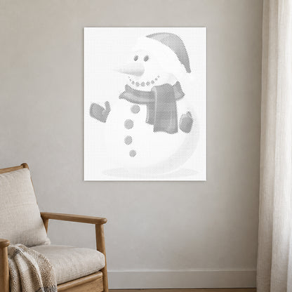 Toile de peinture par points “Bonhomme de neige”, sur un mur clair dans une pièce baignée d’une lumière douce.